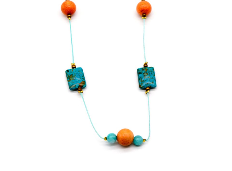 Handmade long necklace with turquoise beads and orange coral