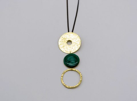 Long necklace forged element of three circles the middle with green enamel