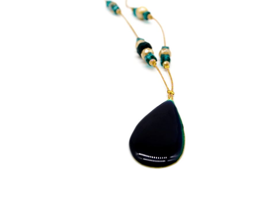 teardrop forged element necklace all with dark green enamel and beads