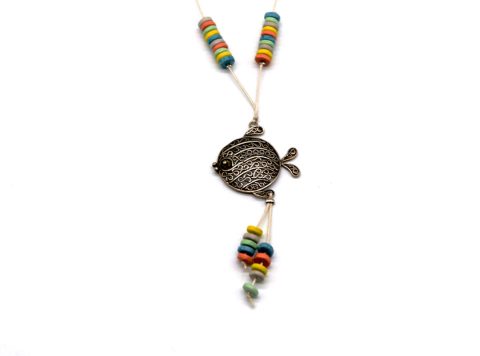 Handmade long necklace with fish in silver and colored beads washers