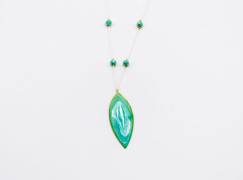 Handmade long necklace with forged element with bright green enamel