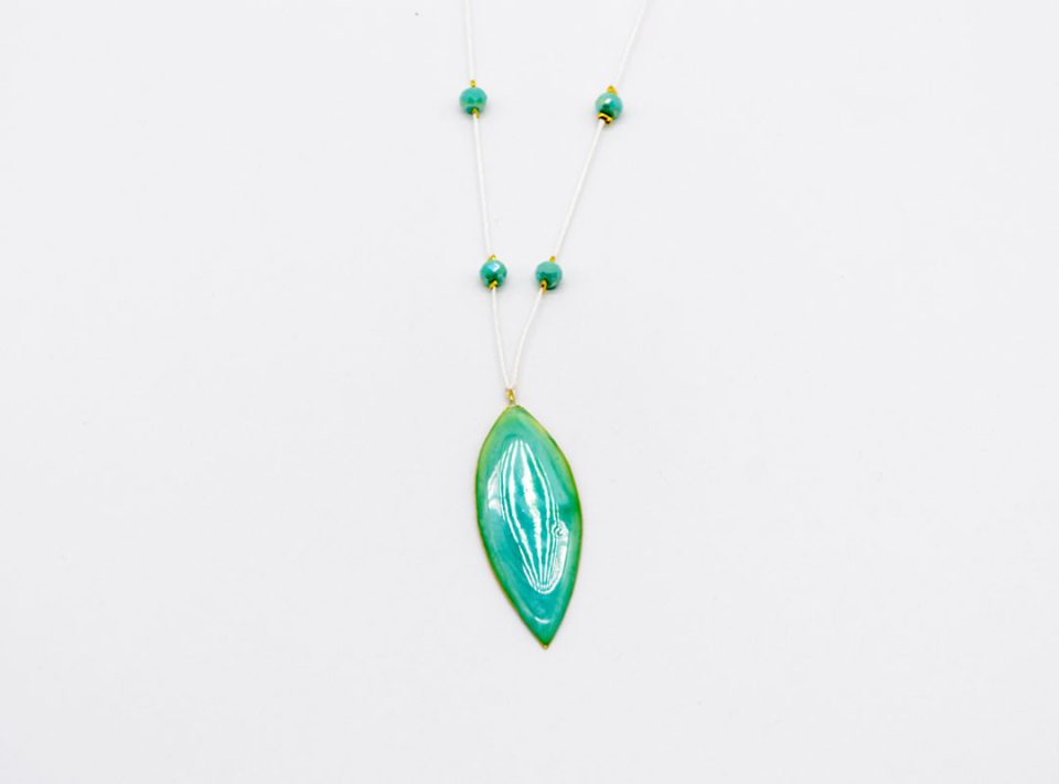 Handmade long necklace with forged element with bright green enamel