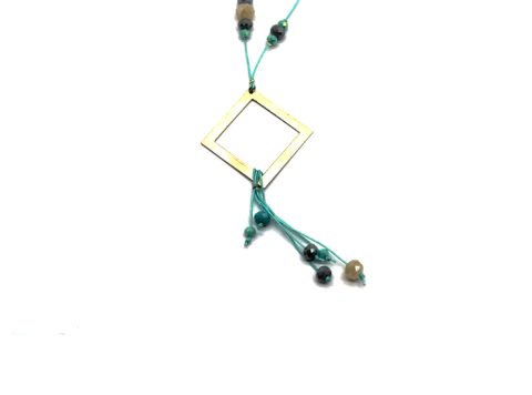 Handmade long necklace with silver perforated rhombus element in light blue shades