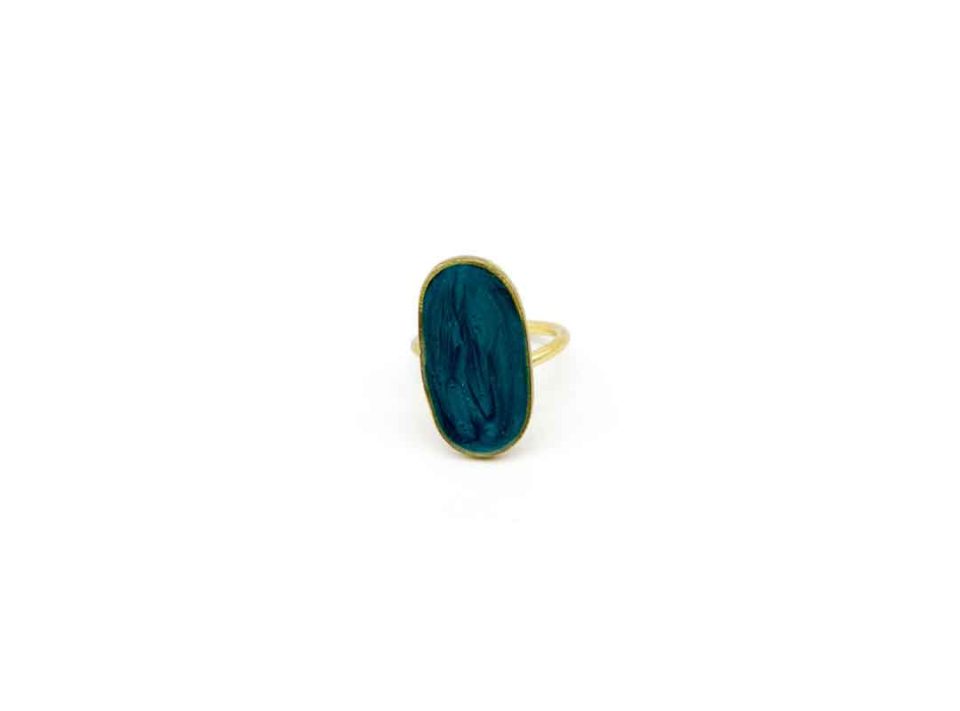 Handmade ring forged gold base oval blue color enamel.