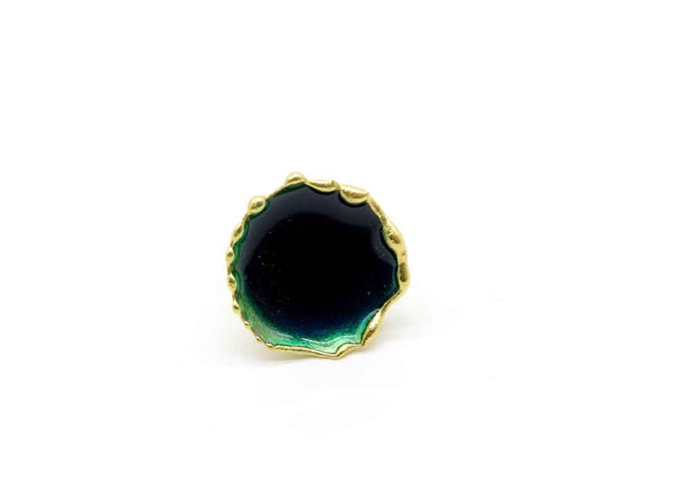 Handmade forged gold ring with dark dark petrol color.