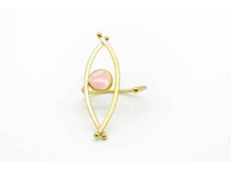 Handmade forged gold color ring in eye design with pink enamel.