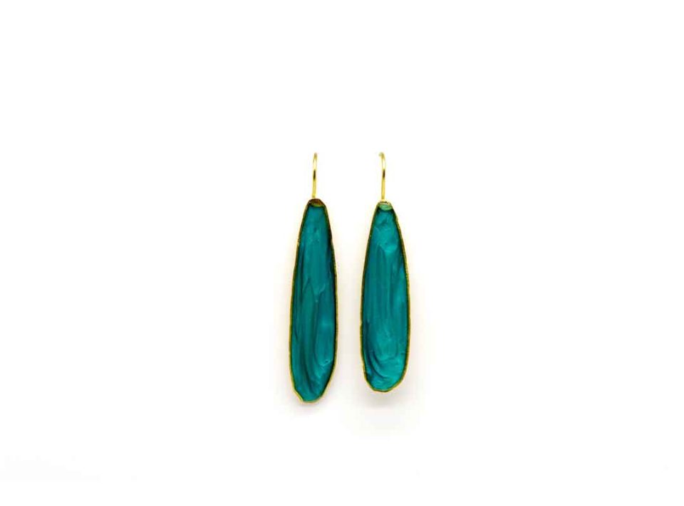 Handmade forged earring in the shape of a tie in emerald green enamel color.