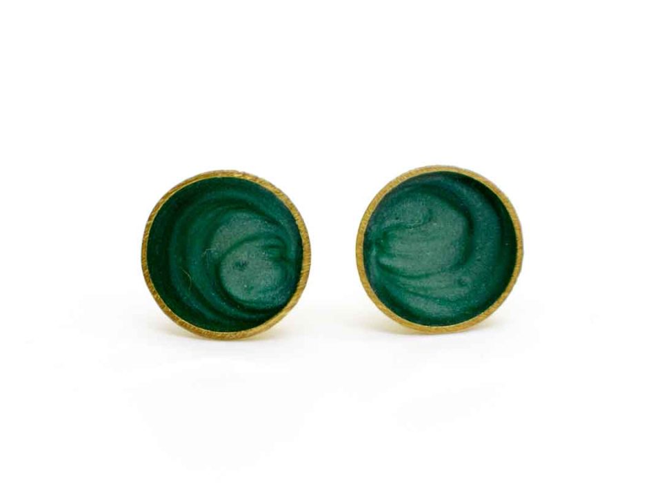 Handmade forged glued bronze earring with green enamel.