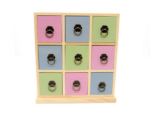 Handmade wooden square chest of drawers with 9 drawers in pale colors