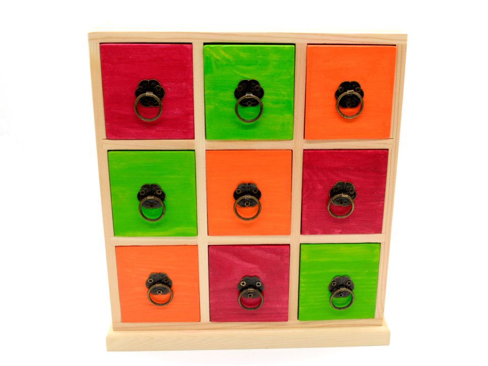 Handmade wooden square chest of drawers with 9 drawers in bright colors