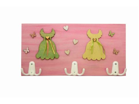 Handmade children's pink wall hanger with little dresses