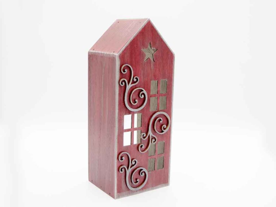 small wooden house for tealights in burgundy decorated wooden elements.