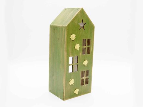 Handmade small wooden house for tealight in light olive color.