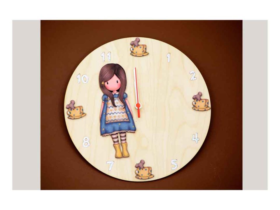 Handmade children's decorative wooden clock with little girl and mice