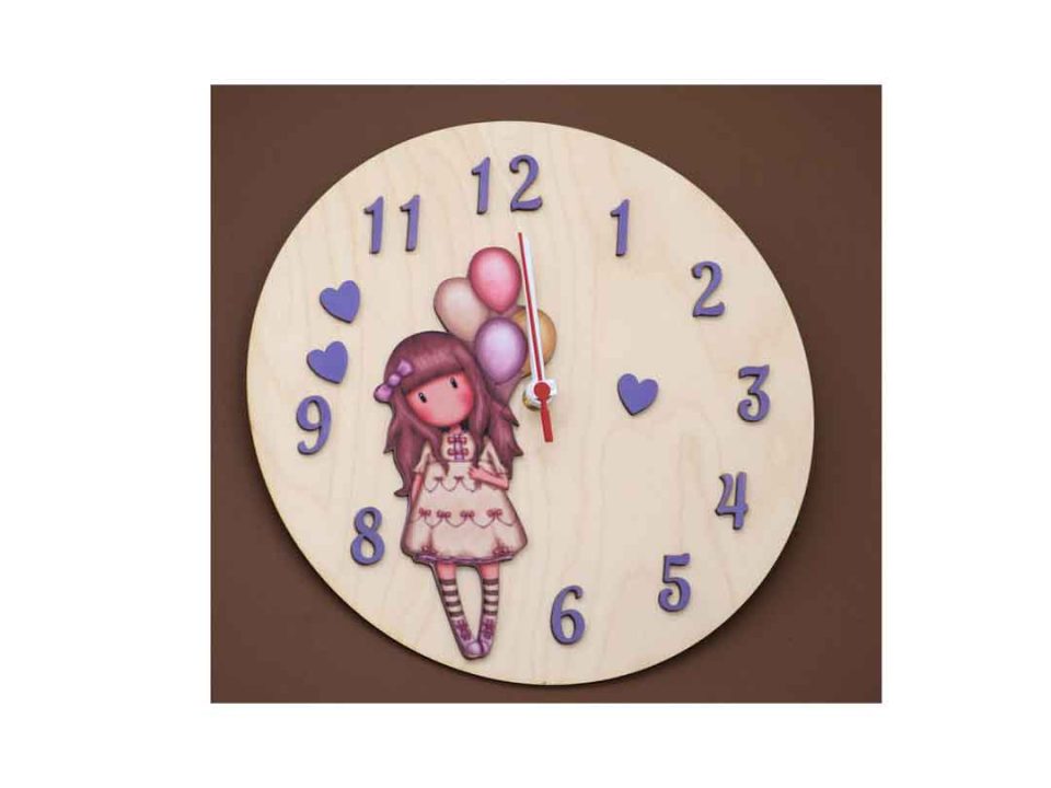 Handmade children's decorative wooden clock little girl with balloons