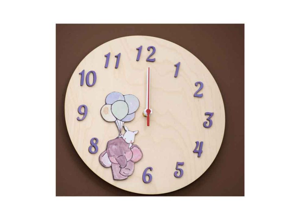 Handmade children's decorative wooden clock with elephant and balloons