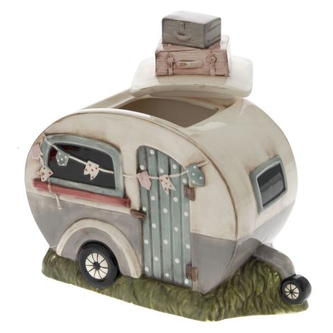 Ceramic biscuit box in the shape of a gray caravan