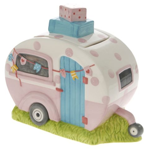 Ceramic cookie box in the shape of a pink caravan