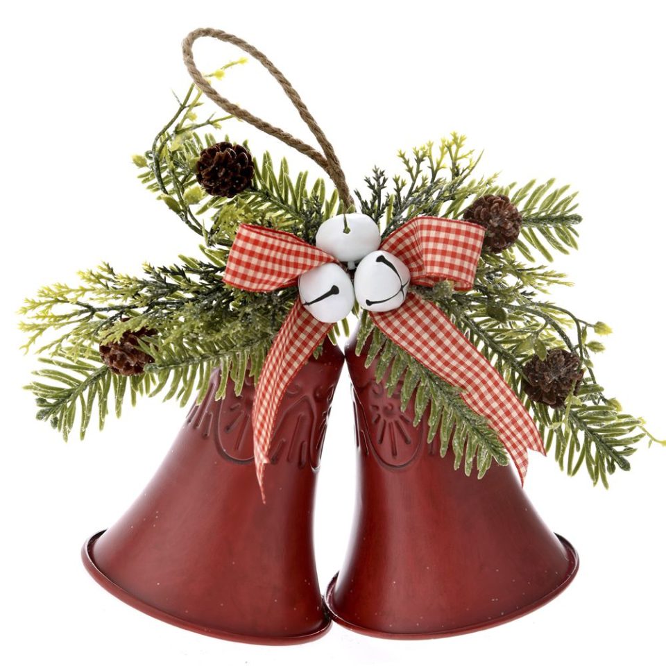 Hanging burgundy metal bells with decoration