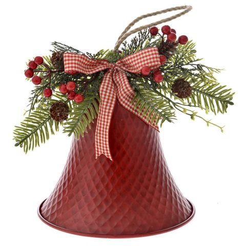 Hanging large burgundy metal bell with decoration.