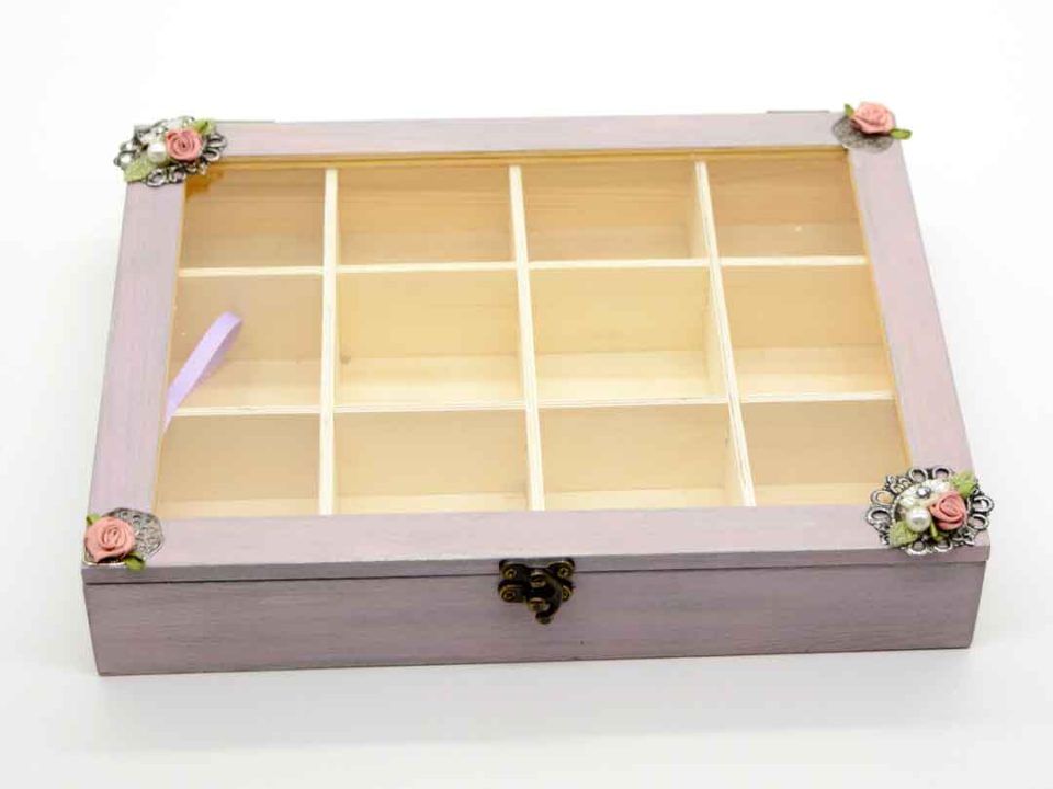 Handmade wooden box with partitions in lilac color with silver motif