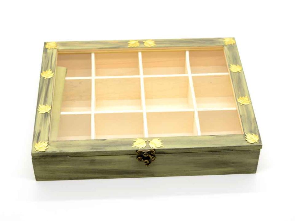 Handmade wooden box with partitions in olive color