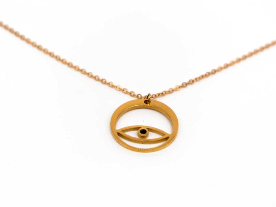 Necklace short steel, in rose gold, round perforated with eye in the center