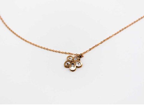 Necklace short steel, double in rose gold color, with a flower with rhinestones