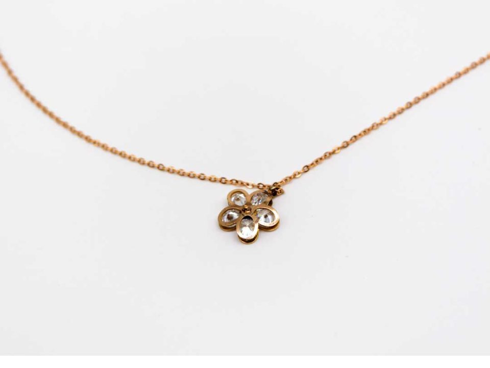 Necklace short steel, double in rose gold color, with a flower with rhinestones