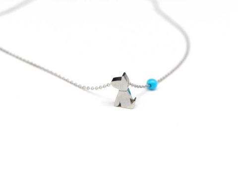 Necklace short steel, in silver color, dog with turquoise bead