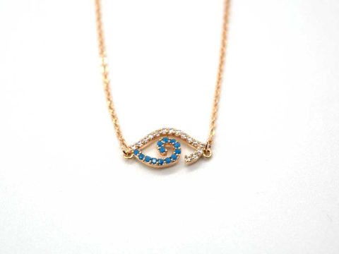 Short steel necklace in rose gold color with a rhinestone eye with turquoise