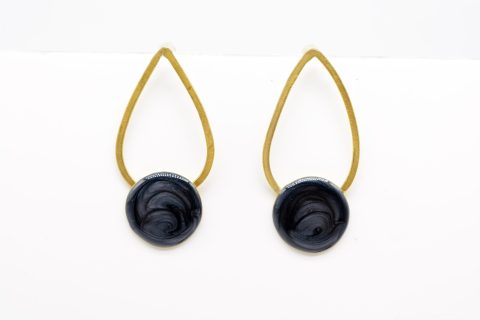 Handmade forged stud earring, teardrop, gold with gray enamel