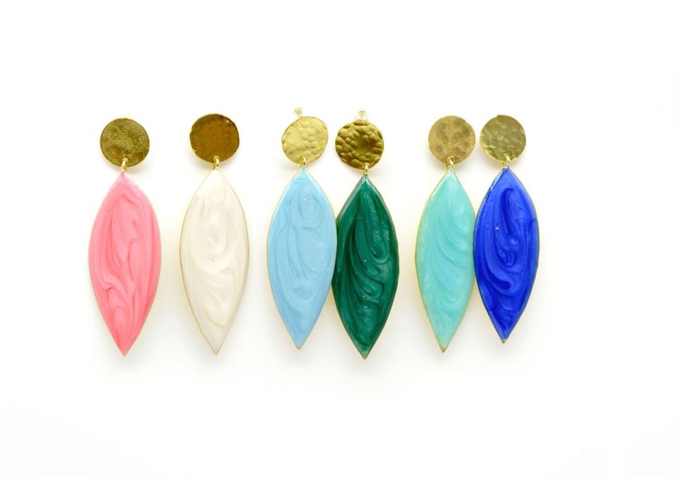 Handmade forged earring studded large teardrop, gold with enamel.