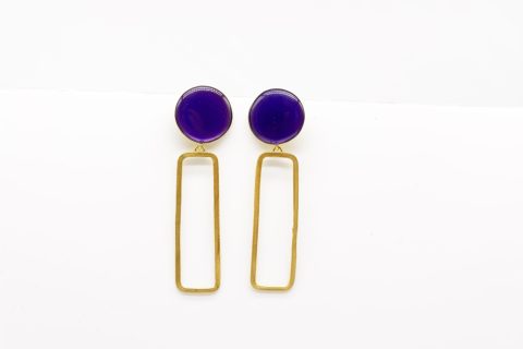 Handmade forged stud stud earring, large rectangle, gold with purple enamel