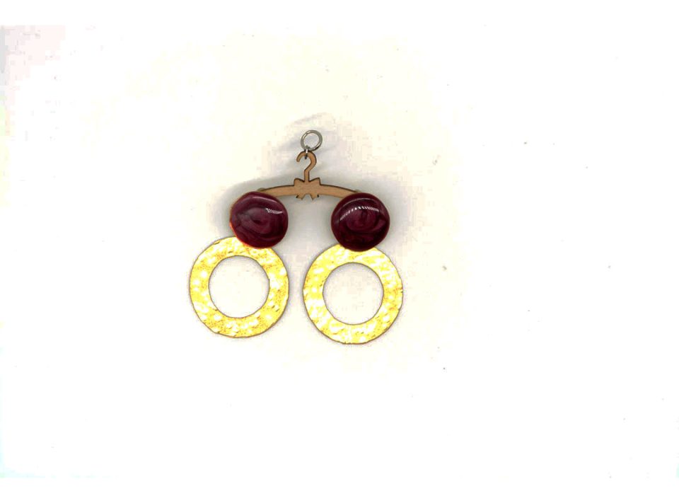 Handmade forged earring stud hoop, medium, gold with burgundy enamel