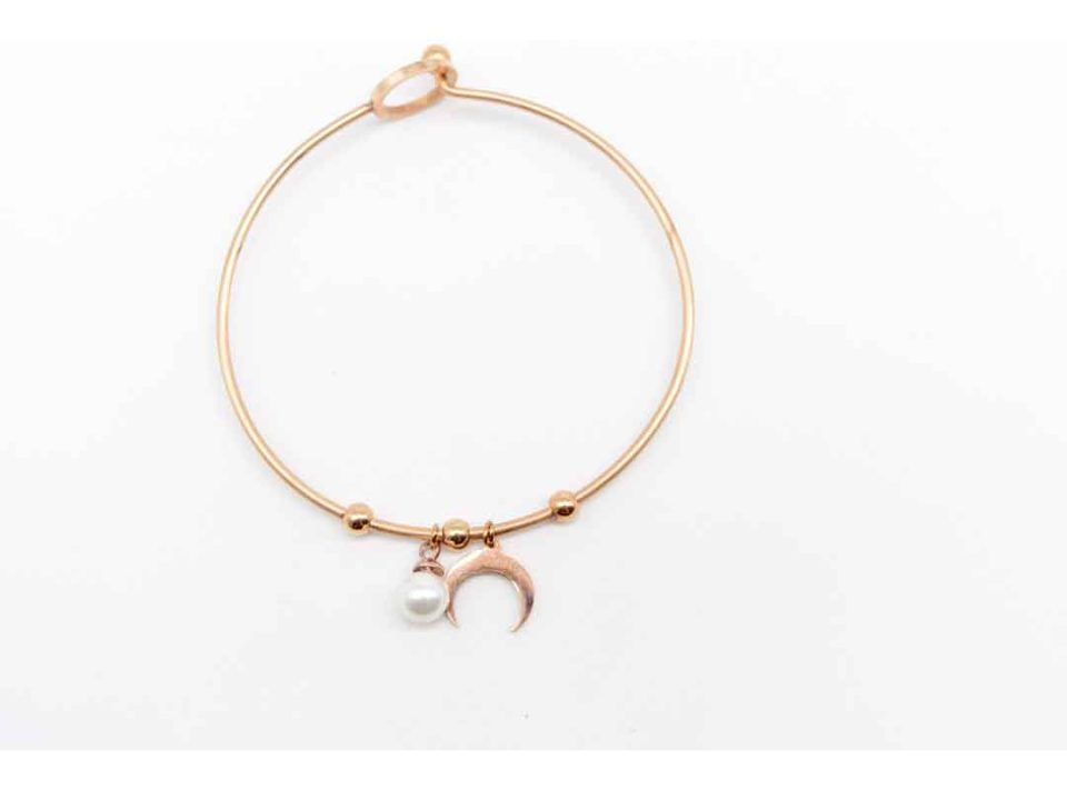 Steel bracelet rose gold with crescent and pearl