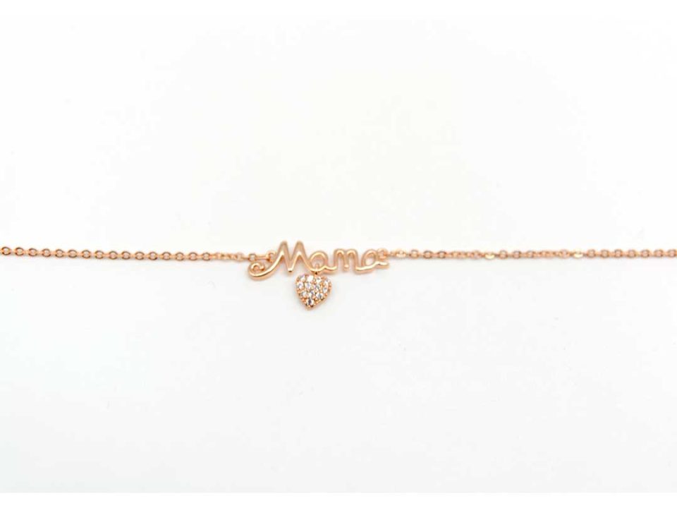 Steel bracelet in rose gold, with the element mom with rhinestones and heart