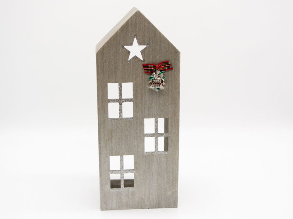 Handmade wooden house, small, for tealight in gray silver color.