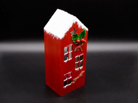 Handmade wooden house, small, for tealights in red snowy color