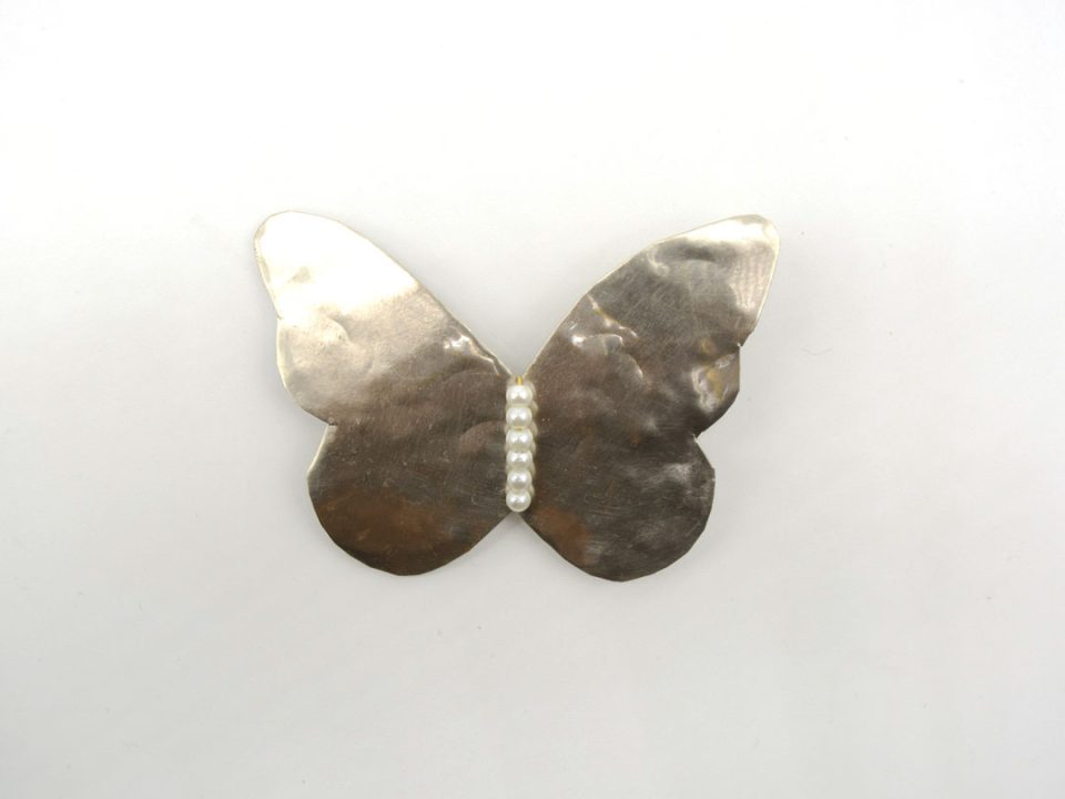 Handmade forged butterfly pin in silver with white pearls