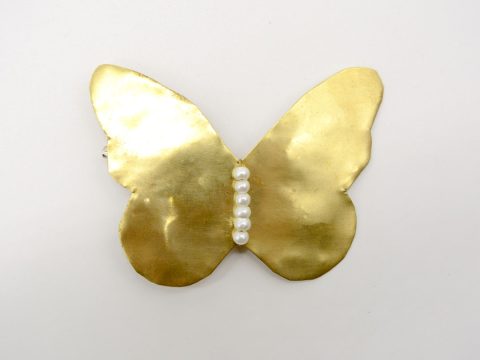 Handmade forged butterfly pin in gold with white pearls