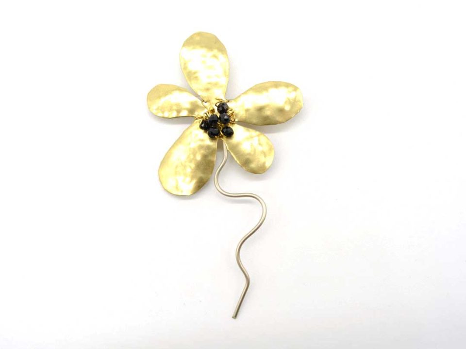 Handmade irregular flower brooch in gold with black beads