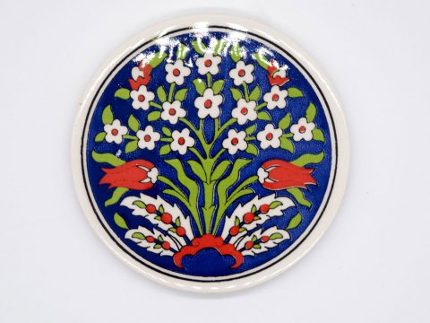 Ceramic coaster round blue with white red flowers