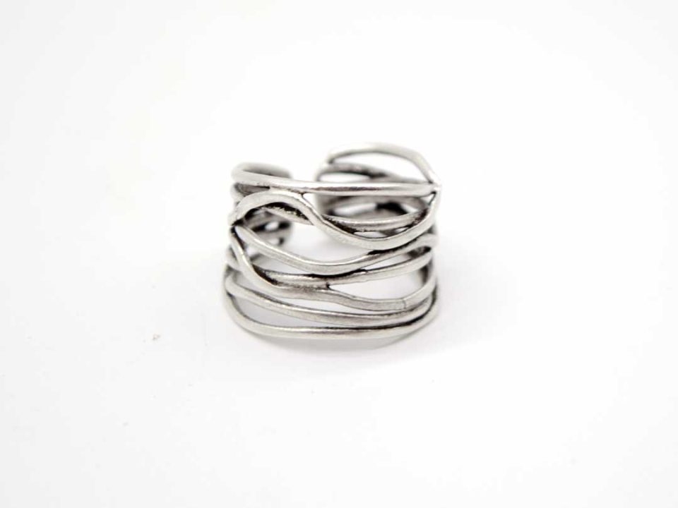 Handmade forged ring, silver color, many tangled rods.