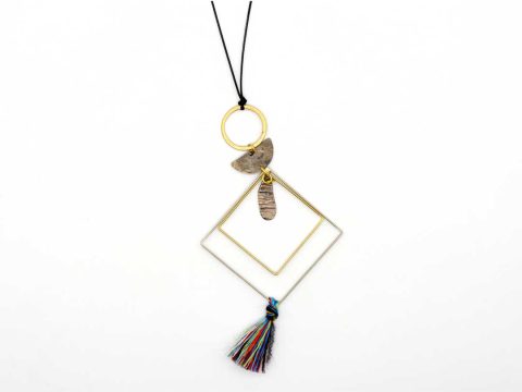 Handmade long necklace with geometric elements, gold-silver