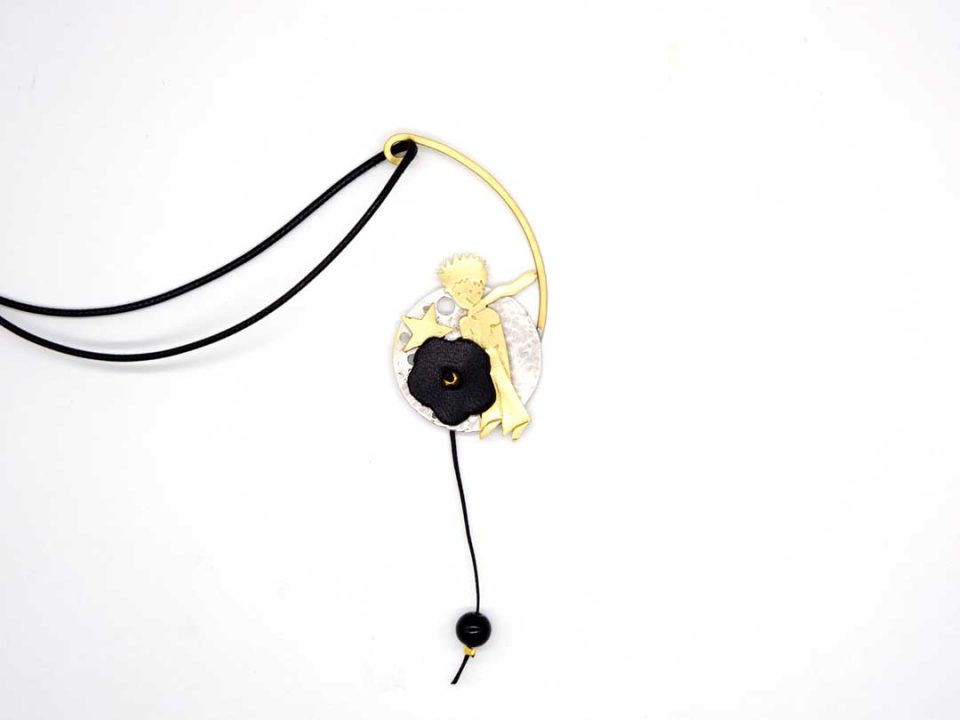 necklace forged element with little prince leather black flower