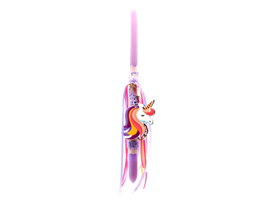 Handmade Easter candle classic shape in purple color, decorated with a unicorn keychain.