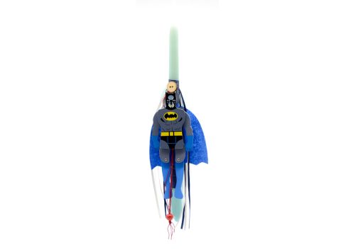 Handmade light blue Easter candle with Batman puppet.