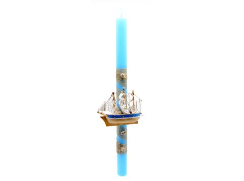 Handmade Easter round blue candle with a sailing magnet.