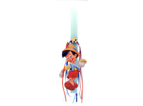 Handmade Easter light blue flat candle with Pinocchio